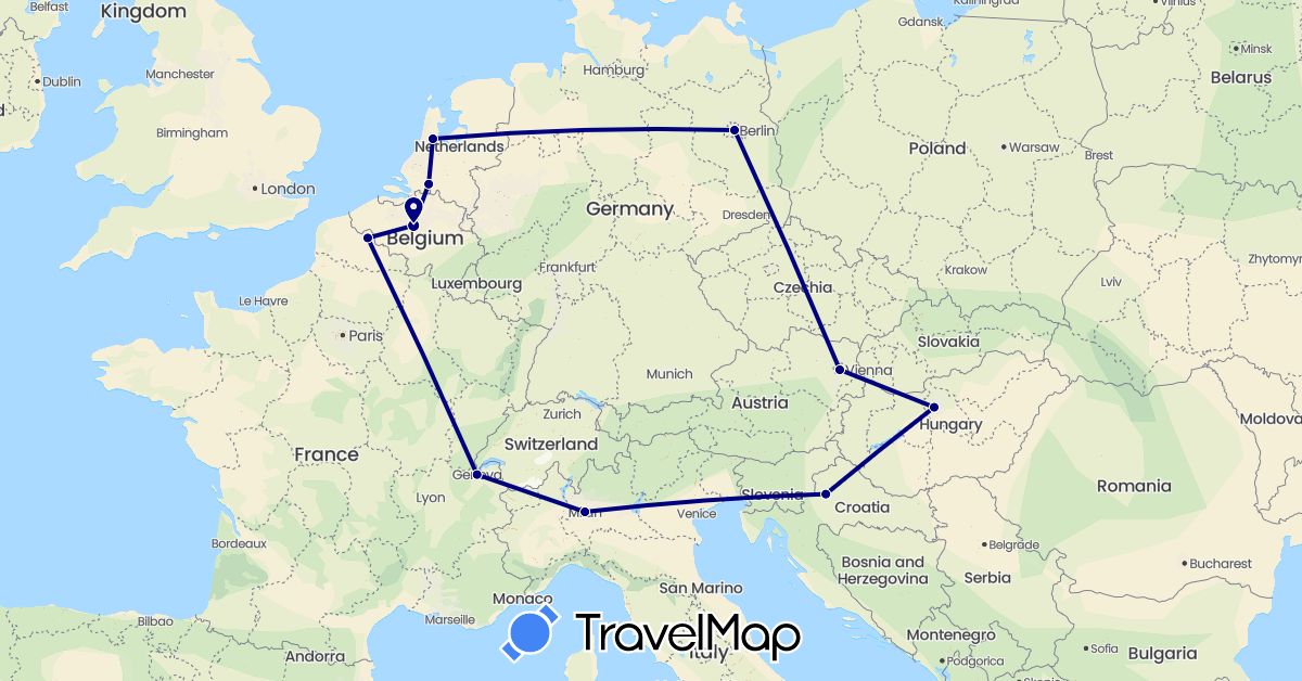 TravelMap itinerary: driving in Austria, Belgium, Switzerland, Germany, France, Croatia, Hungary, Italy, Netherlands (Europe)